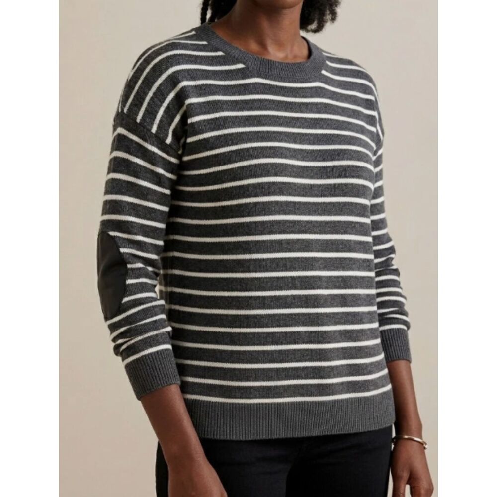 J Crew Sweater Womens Small Gray White Stripe Merino Wool Elbow Patch